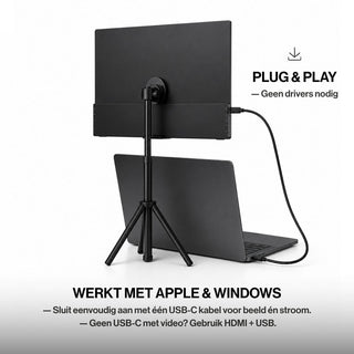 Portable monitor met kabel aangesloten op een laptop, met plug-and-play via USB-C of een combinatie van HDMI en USB.