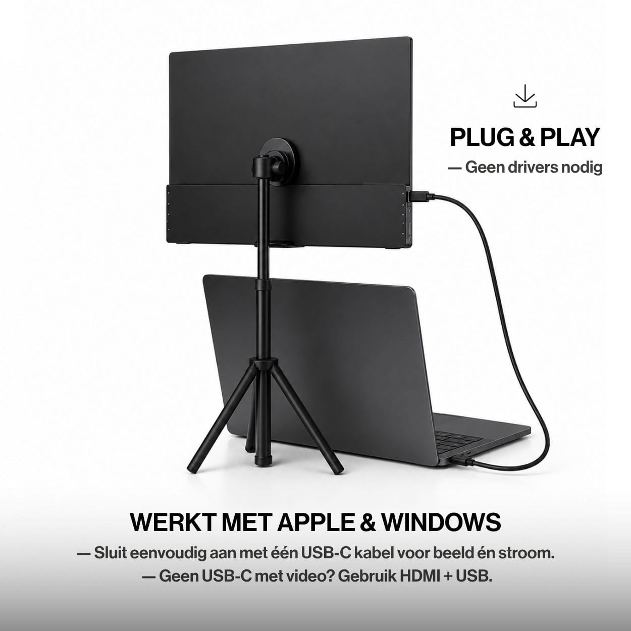 Portable monitor met kabel aangesloten op een laptop, met plug-and-play via USB-C of een combinatie van HDMI en USB.