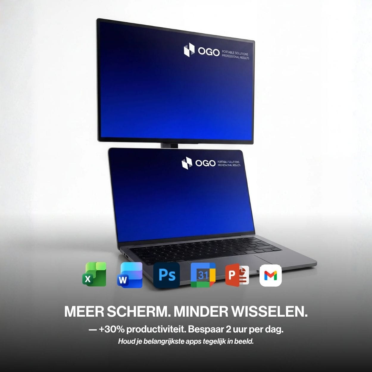 Portable monitor boven een laptop met pictogrammen van Excel, Word, Photoshop, Google Agenda, PowerPoint en Gmail voor multitasking op twee schermen.
