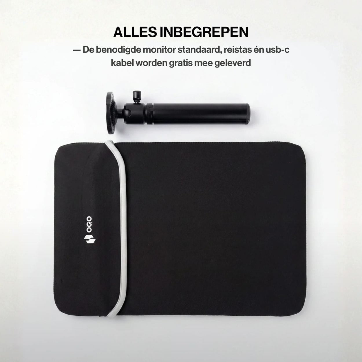 Portable monitor accessories shown with an OGO protective carrying sleeve and compact tripod stand, with text noting a USB-C cable is also included.