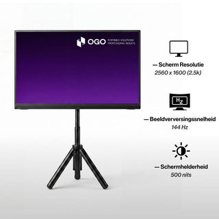 Portable monitor mounted on a tripod with highlighted specifications including 2560 x 1600 2.5K resolution, 144 Hz refresh rate and 500-nit brightness.