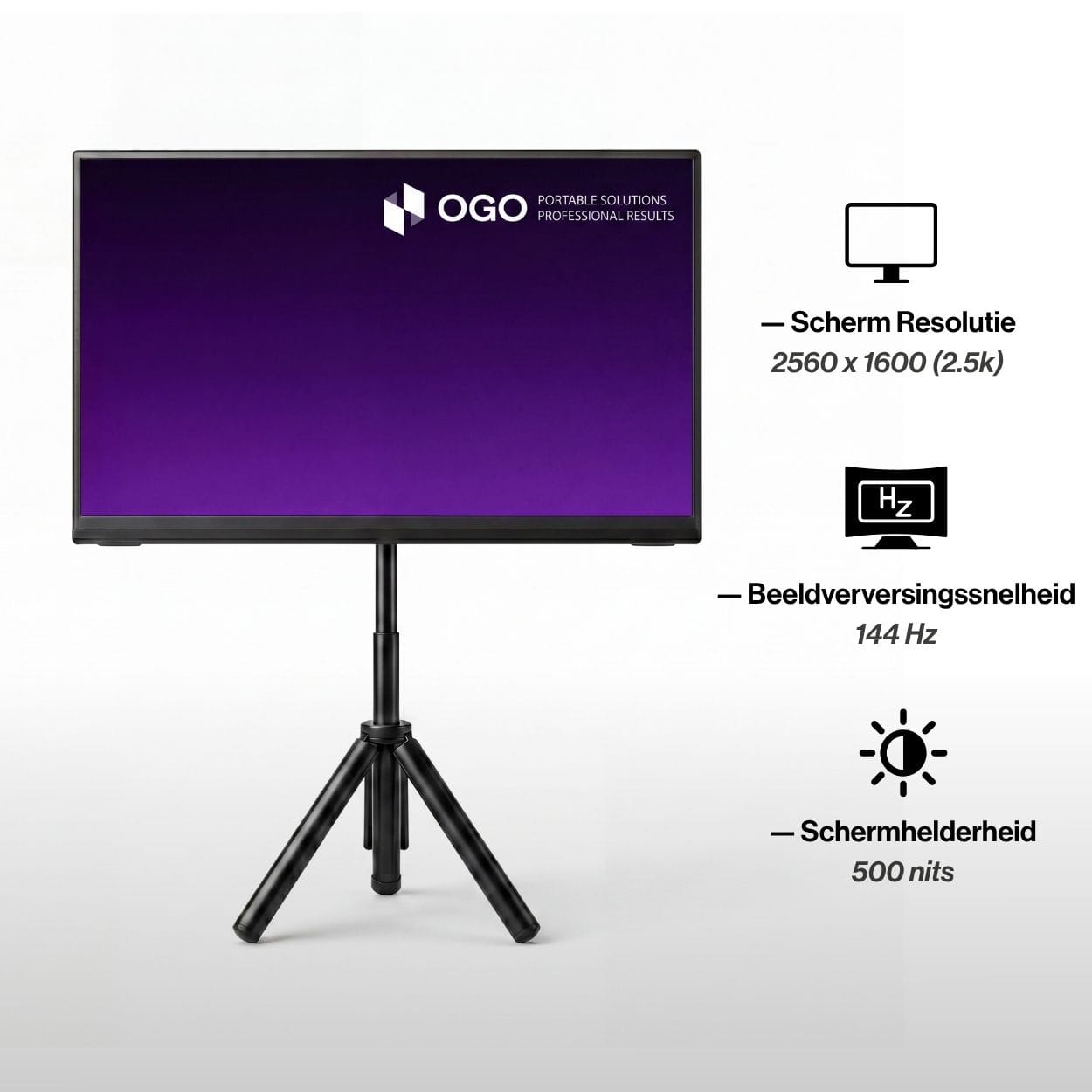 Portable monitor mounted on a tripod with highlighted specifications including 2560 x 1600 2.5K resolution, 144 Hz refresh rate and 500-nit brightness.