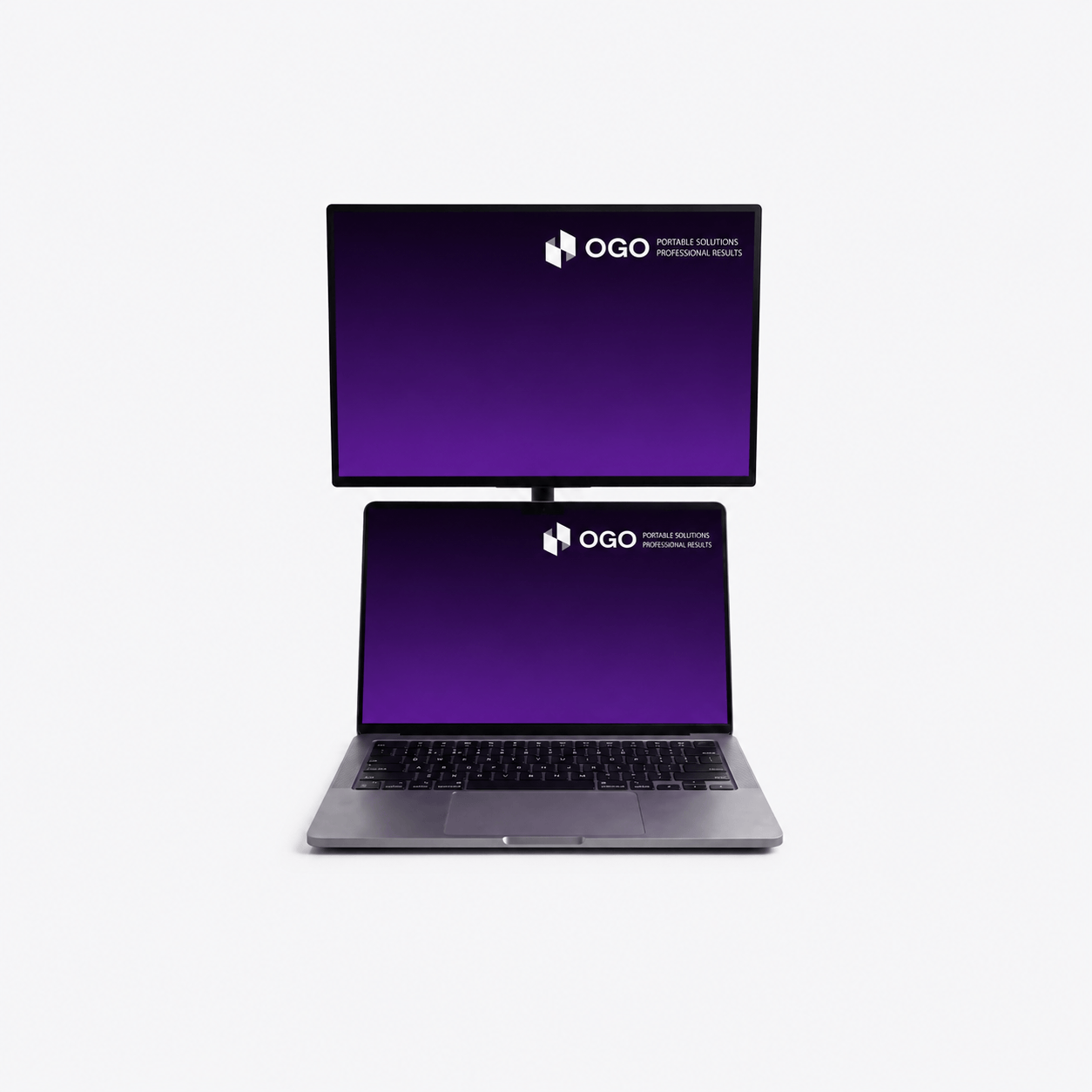 Portable monitor positioned above a laptop in a stacked dual-screen setup, creating an ergonomic vertical workspace with matching displays for improved productivity and multitasking.