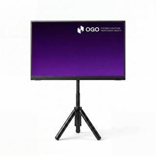 Front view of an OGO portable monitor on a height-adjustable tripod stand, showing a slim screen with a purple display against a white background.