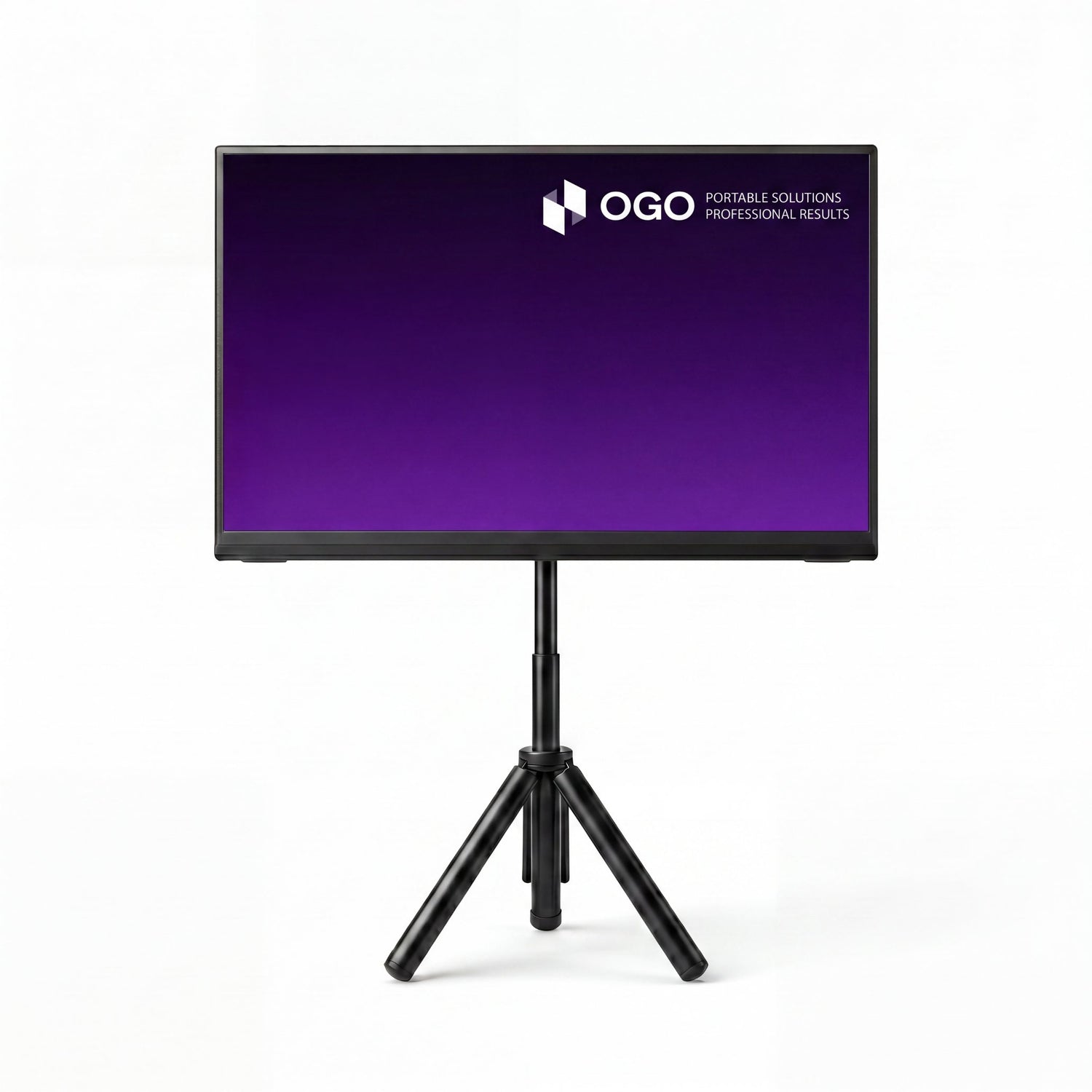 Front view of an OGO portable monitor on a height-adjustable tripod stand, showing a slim screen with a purple display against a white background.