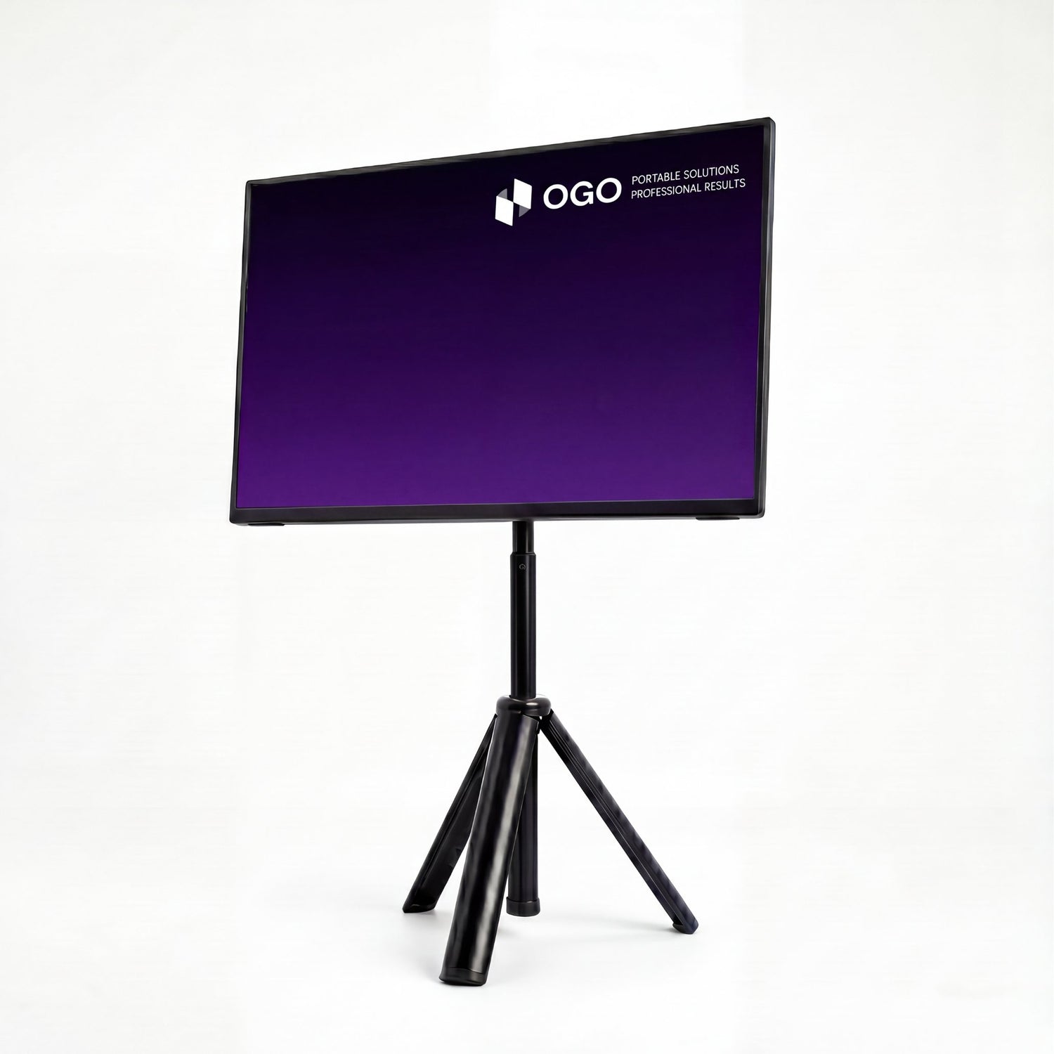 Angled front view of an OGO portable monitor mounted on a black tripod stand, displaying a purple screen for a clean elevated workstation setup