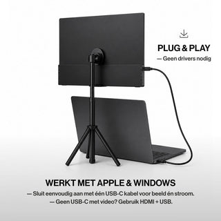 Portable monitor mounted on a tripod and connected to a laptop by cable, illustrating plug-and-play compatibility with Apple and Windows computers.