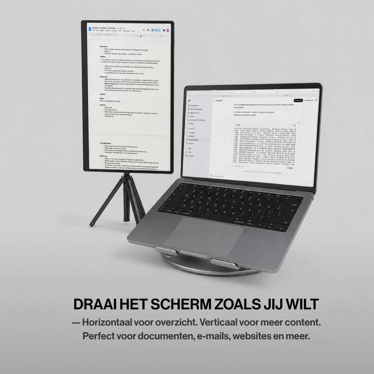 Portable monitor positioned vertically beside a laptop on a tripod, demonstrating portrait orientation for viewing documents, emails and longer content.