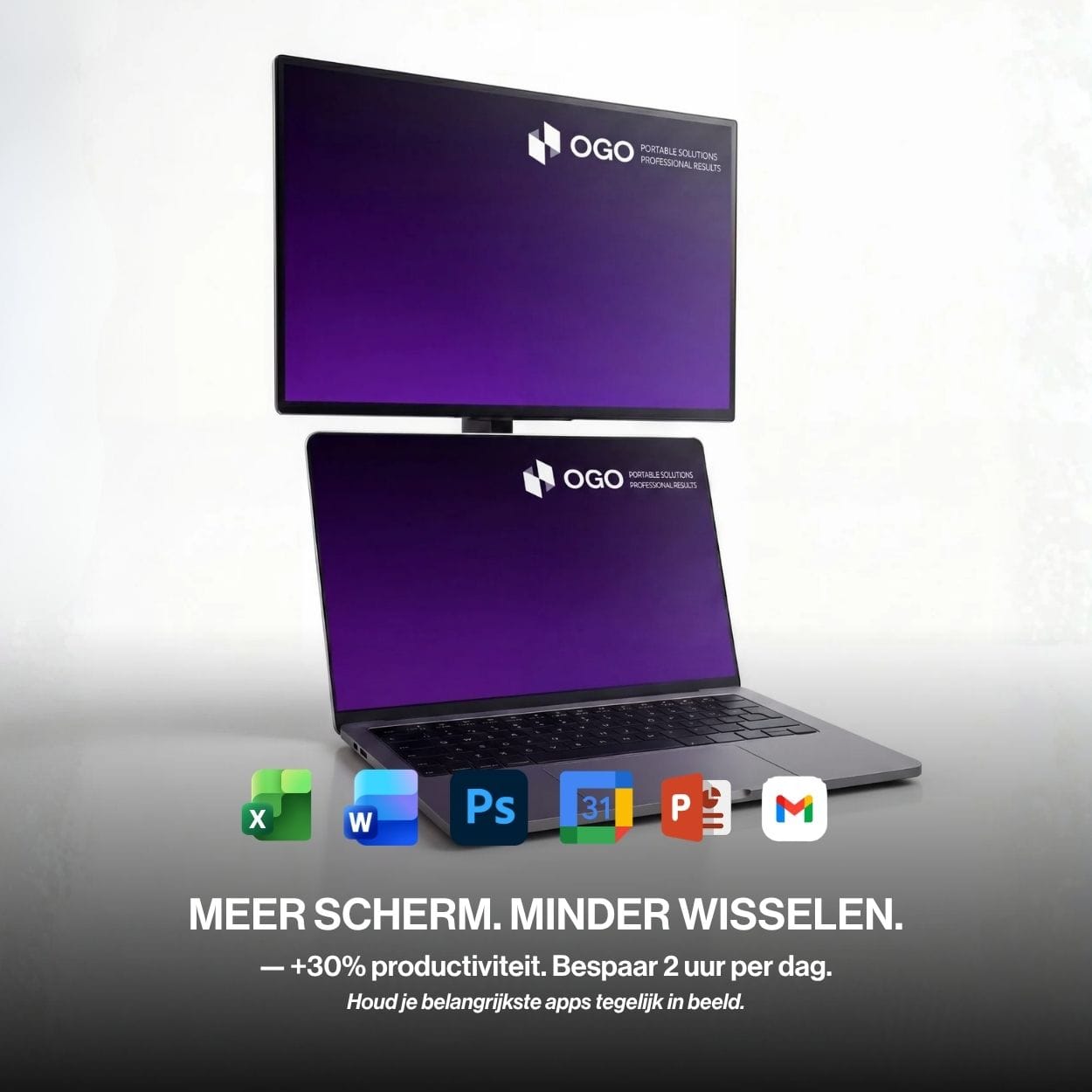 Portable monitor mounted above a laptop with productivity app icons for Excel, Word, Photoshop, Calendar, PowerPoint and Gmail, highlighting multitasking benefits.