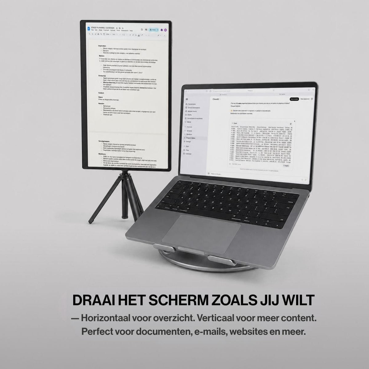 Portable monitor verticaal naast een laptop op een driepoot voor het bekijken van documenten, e-mails en langere content.