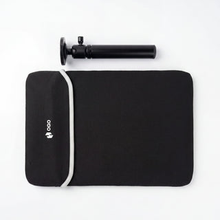 Portable monitor accessories flat lay with a black OGO carrying sleeve, white strap, and adjustable black tripod mount on a white background.