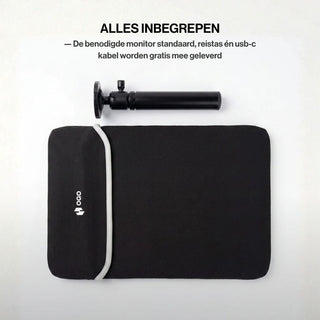 OneSight AMOLED portable monitor accessories including an OGO protective travel sleeve, adjustable tripod monitor stand and USB-C cable for working on the go.