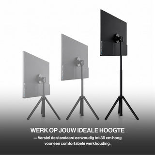 OneSight AMOLED portable monitor shown on an adjustable tripod stand at multiple heights, extending up to 39 cm for a comfortable and flexible workstation.