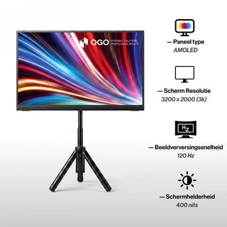 OneSight AMOLED portable monitor on a tripod featuring an AMOLED panel, 3200 x 2000 3K resolution, 120 Hz refresh rate and 400-nit brightness.