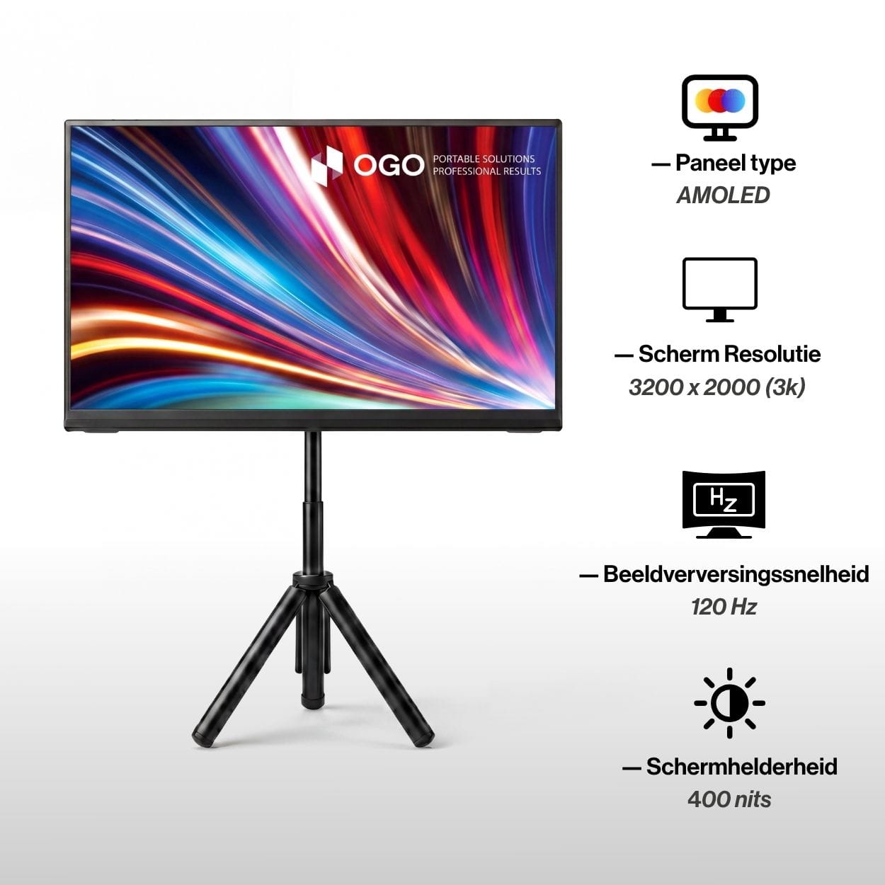 OneSight AMOLED portable monitor on a tripod featuring an AMOLED panel, 3200 x 2000 3K resolution, 120 Hz refresh rate and 400-nit brightness.