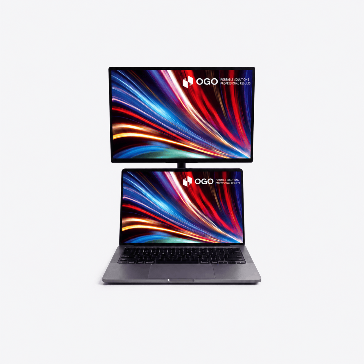 Portable monitor mounted above a laptop in a vertical dual-screen setup, displaying vibrant abstract graphics on both screens for enhanced productivity and multitasking