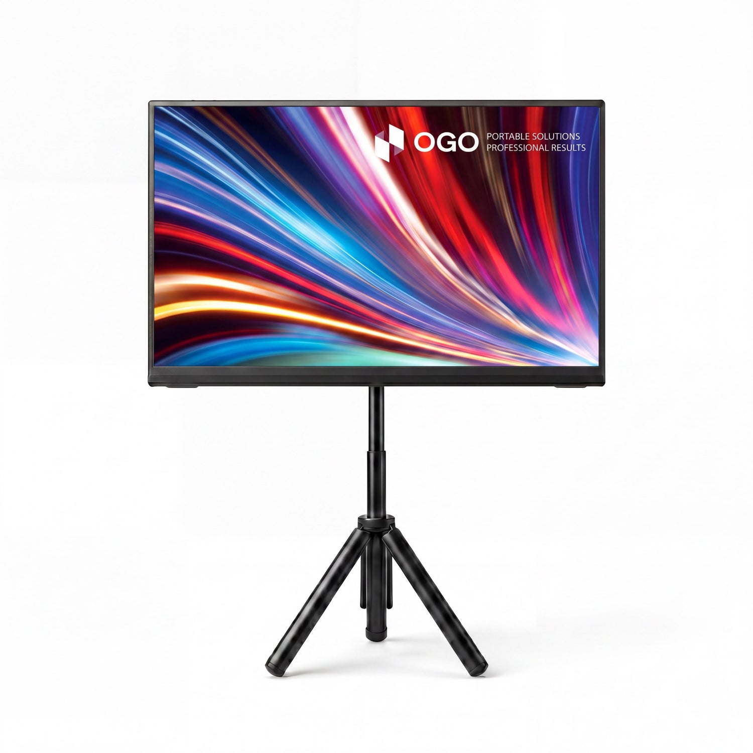 Front view of an AMOLED portable monitor on an adjustable tripod stand displaying vibrant graphics for a portable workstation setup.