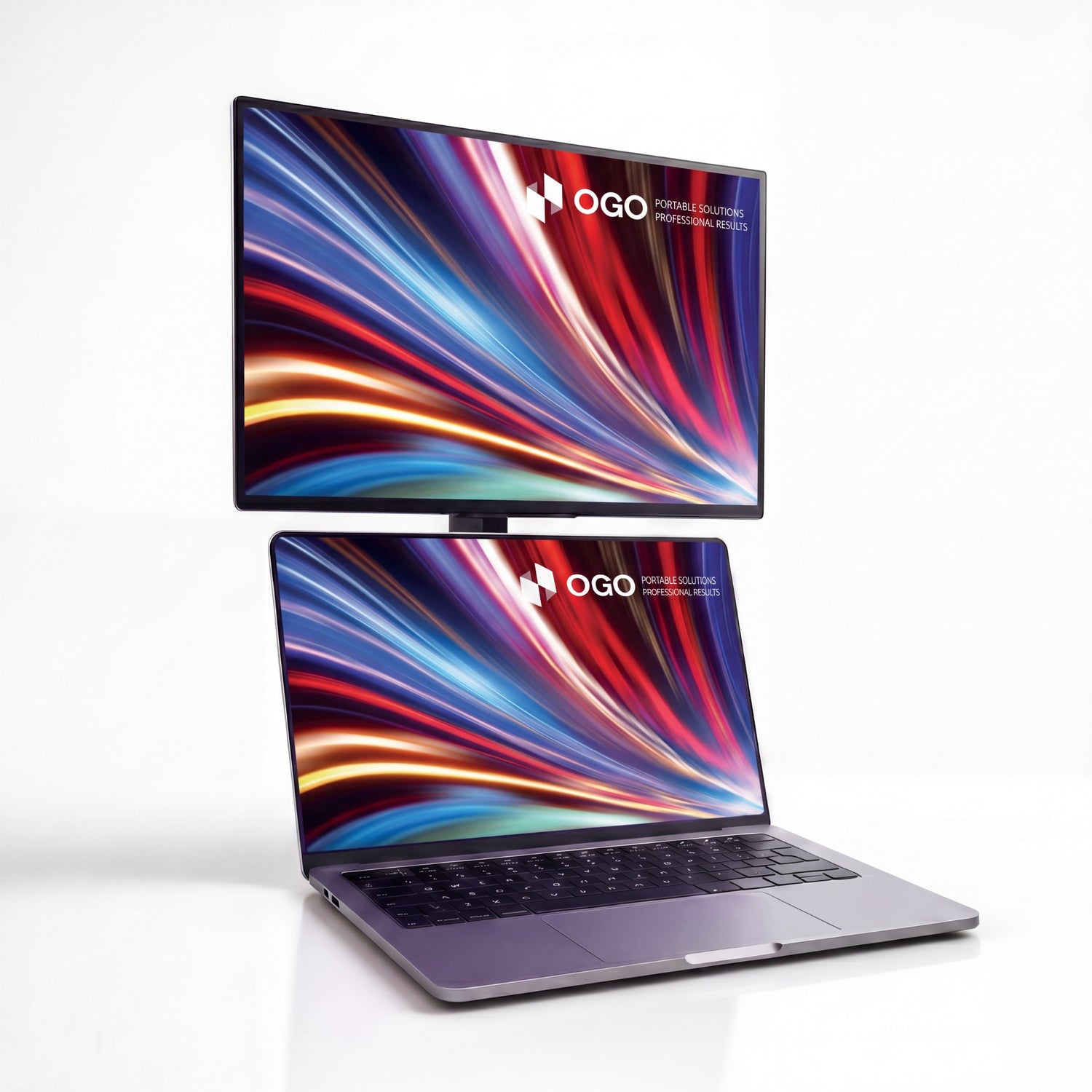 Portable monitor positioned above a laptop to create a dual-screen workstation, improving multitasking and productivity while working remotely.