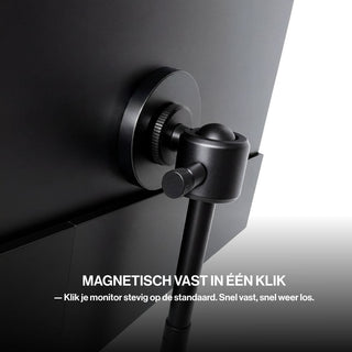 Close-up of the OneSight AMOLED portable monitor securely attached to its adjustable tripod stand with a magnetic mounting system.