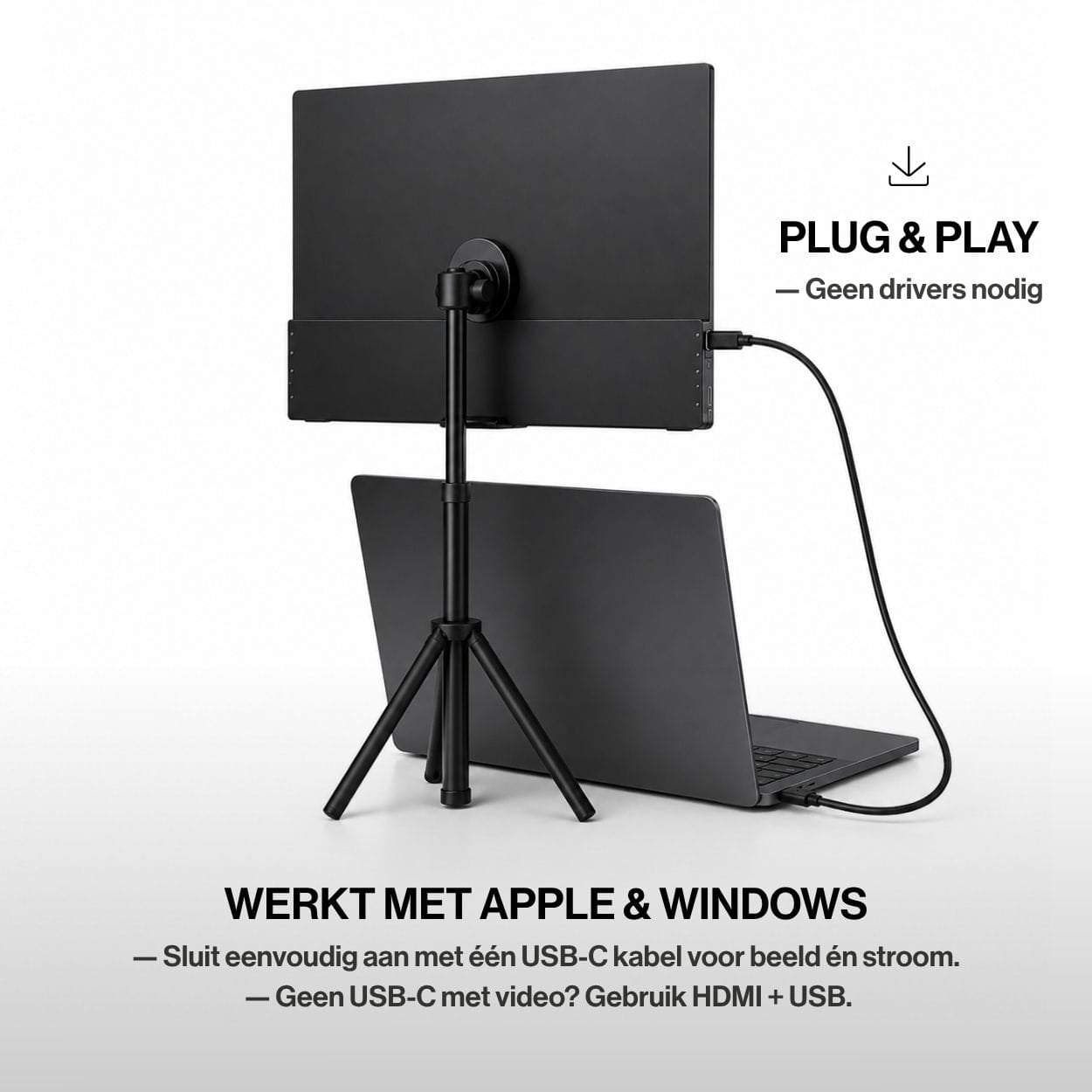 OneSight AMOLED portable monitor mounted on a tripod and connected to a laptop, supporting plug-and-play use with Apple and Windows through USB-C or HDMI and USB.