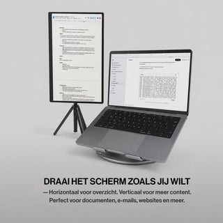 OneSight AMOLED portable monitor rotated vertically beside a laptop, providing additional screen space for documents, emails, websites and other long-form content.