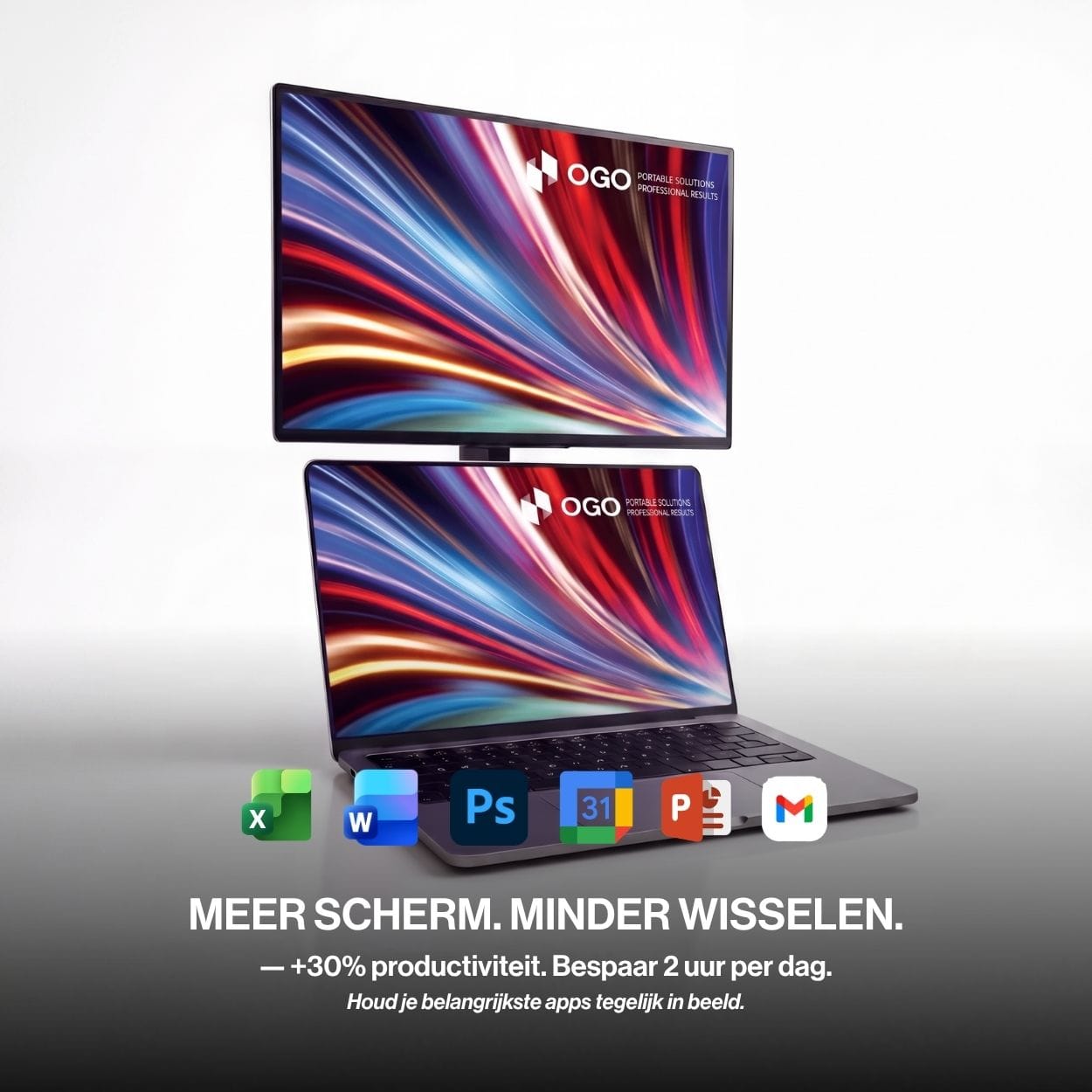 OneSight AMOLED portable monitor mounted above a laptop to create a dual-screen workspace for multitasking across productivity apps and everyday work.