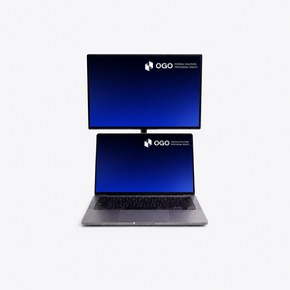 Portable monitor mounted above a laptop in a clean dual-screen vertical setup, featuring matching blue displays that enhance workspace efficiency and provide an ergonomic extended display solution.