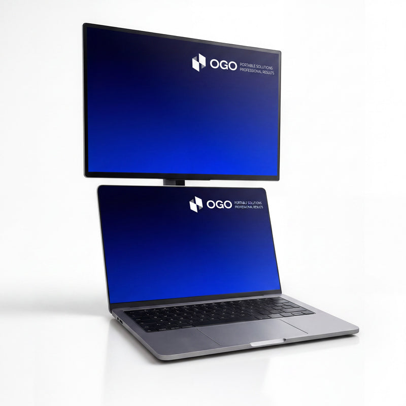 Portable monitor mounted above a laptop to create a stacked dual-screen workstation with matching OGO blue display screens.