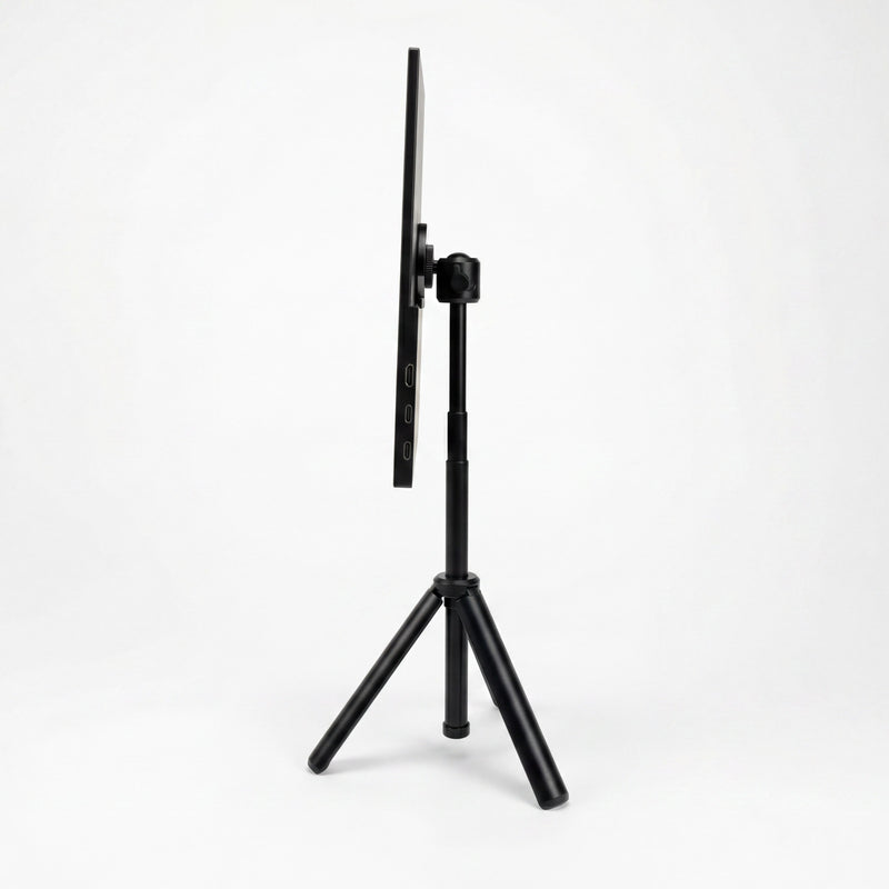 Portable monitor side view on a tripod stand, showing its thin profile, adjustable mount, and side connection ports.