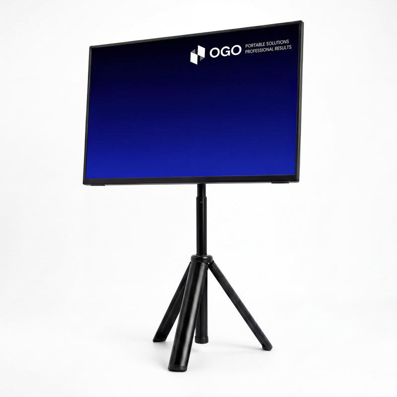 Portable monitor on a black tripod stand shown from a front angle, highlighting the slim screen and adjustable support legs.