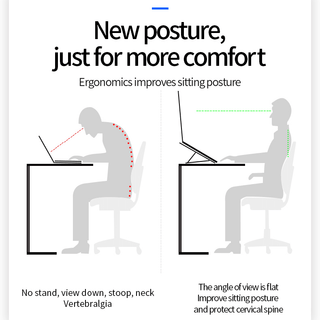 Ergonomic comparison showing poor posture without a portable monitor stand and improved upright posture with an elevated screen setup