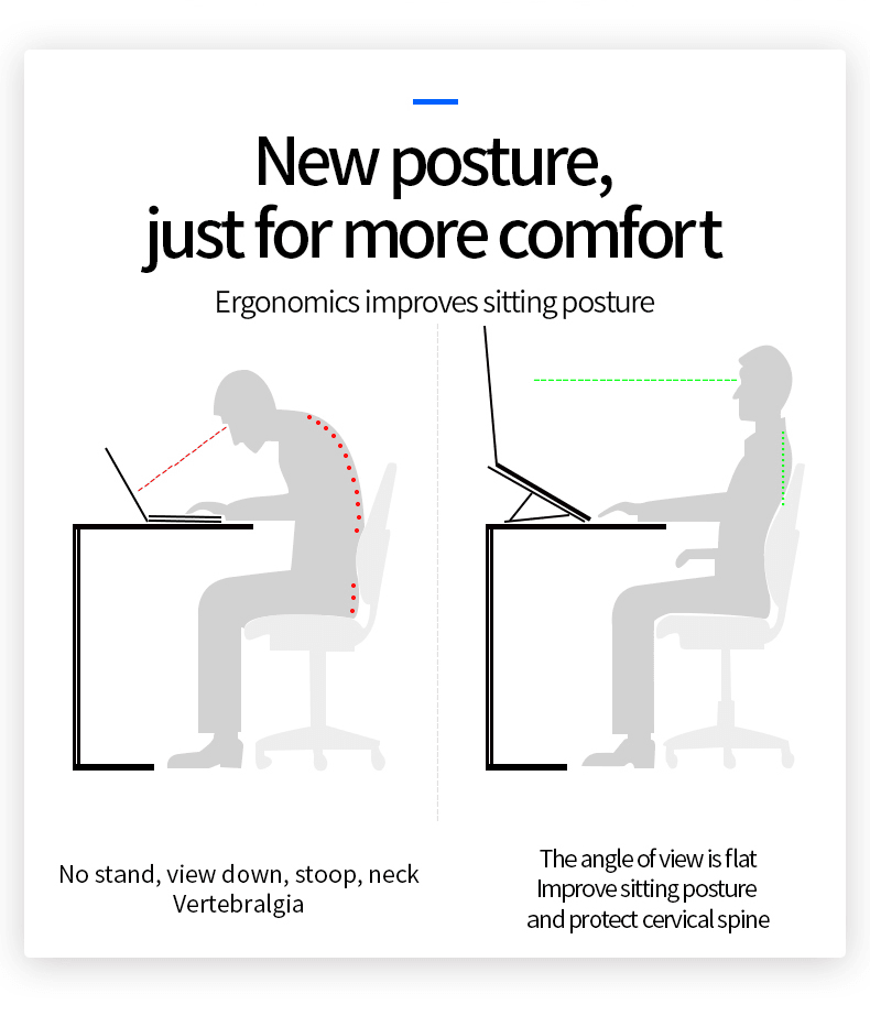 Ergonomic comparison showing poor posture without a portable monitor stand and improved upright posture with an elevated screen setup