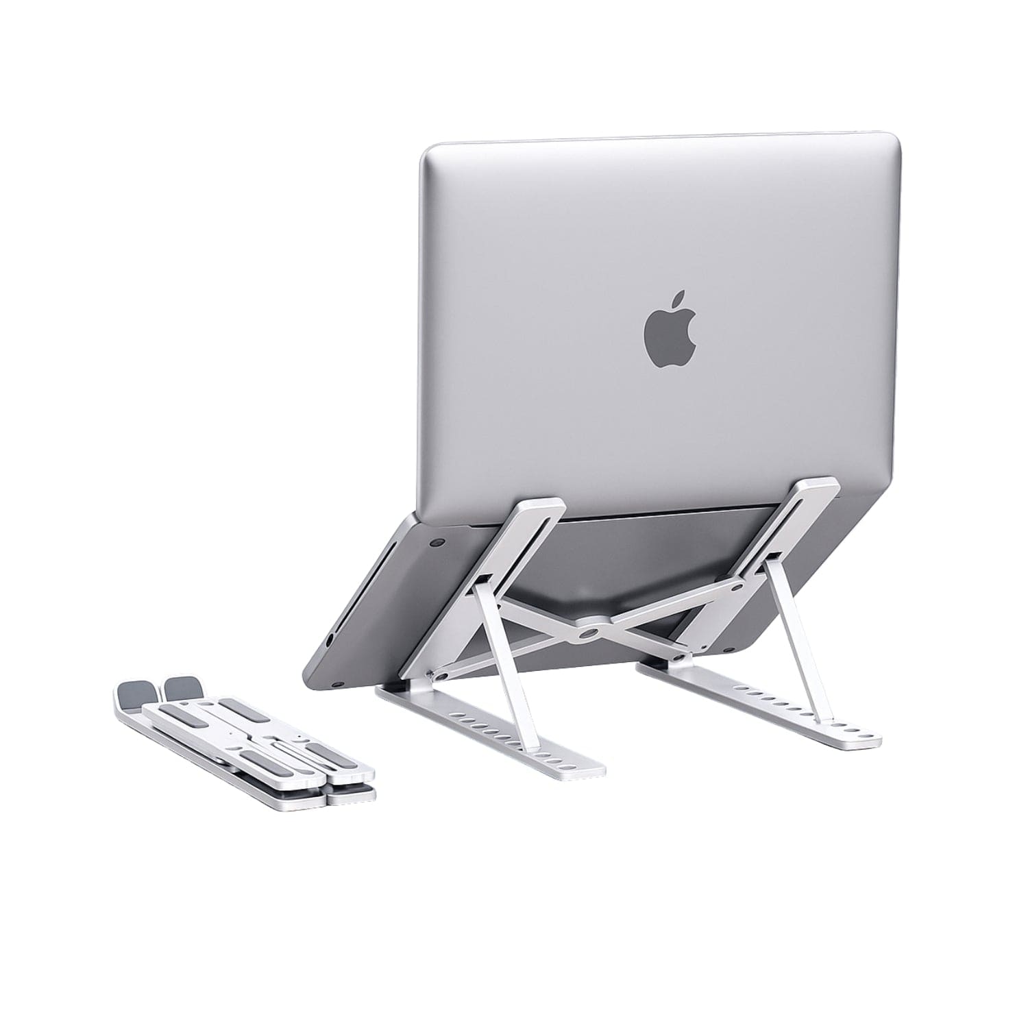 Laptop elevated on a lightweight portable monitor stand, creating a comfortable viewing angle for extended work sessions