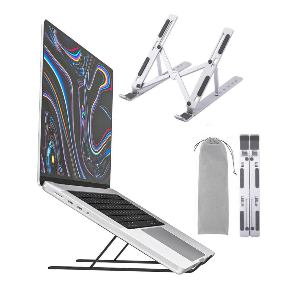 Portable monitor stand displayed with foldable aluminum frame, carry pouch, and adjustable support brackets for laptop and monitor use