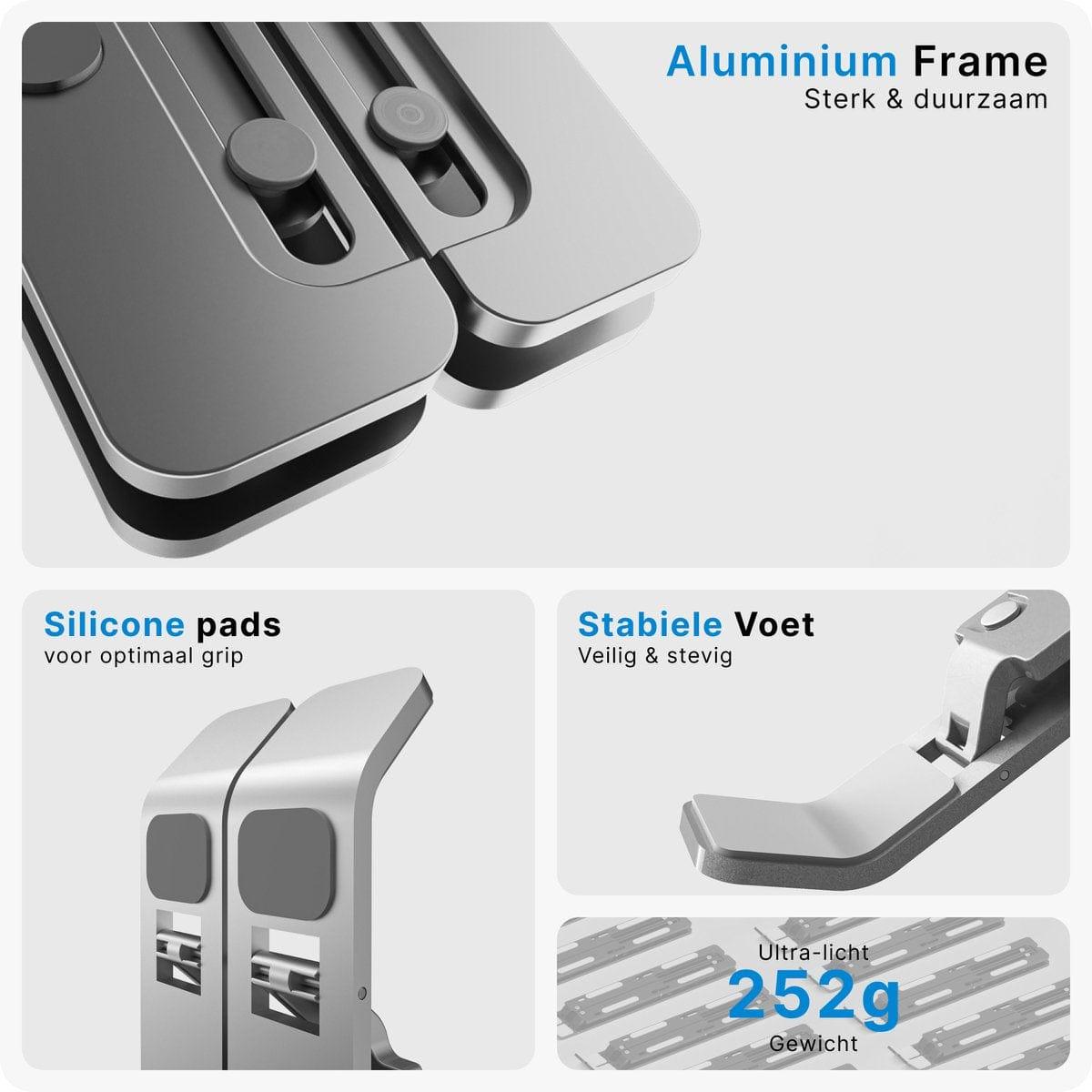 Close-up of portable monitor stand featuring durable aluminum frame, silicone grip pads, stable base, and lightweight 252-gram design