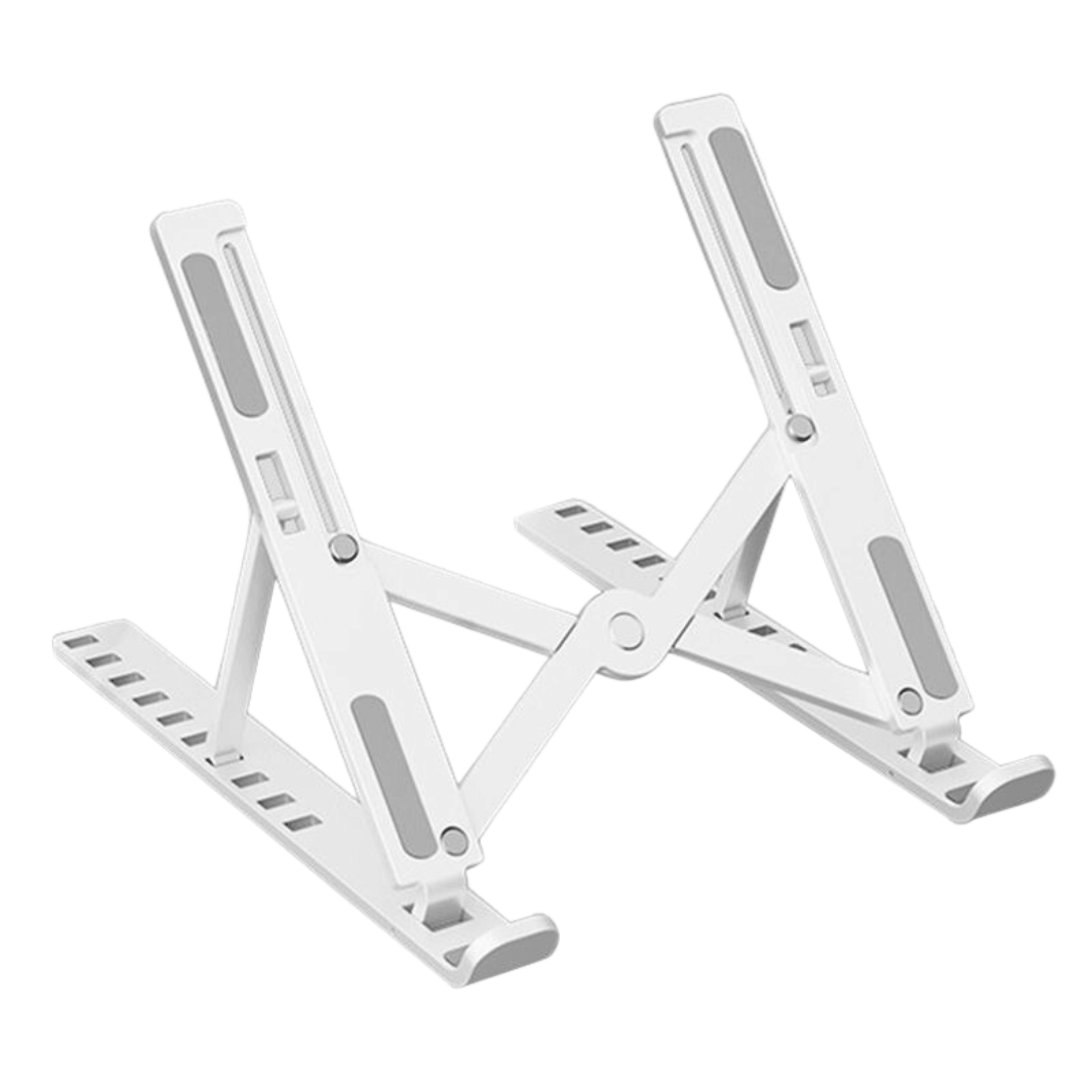 Foldable portable monitor stand shown both collapsed and fully extended, highlighting adjustable height levels and non-slip supports