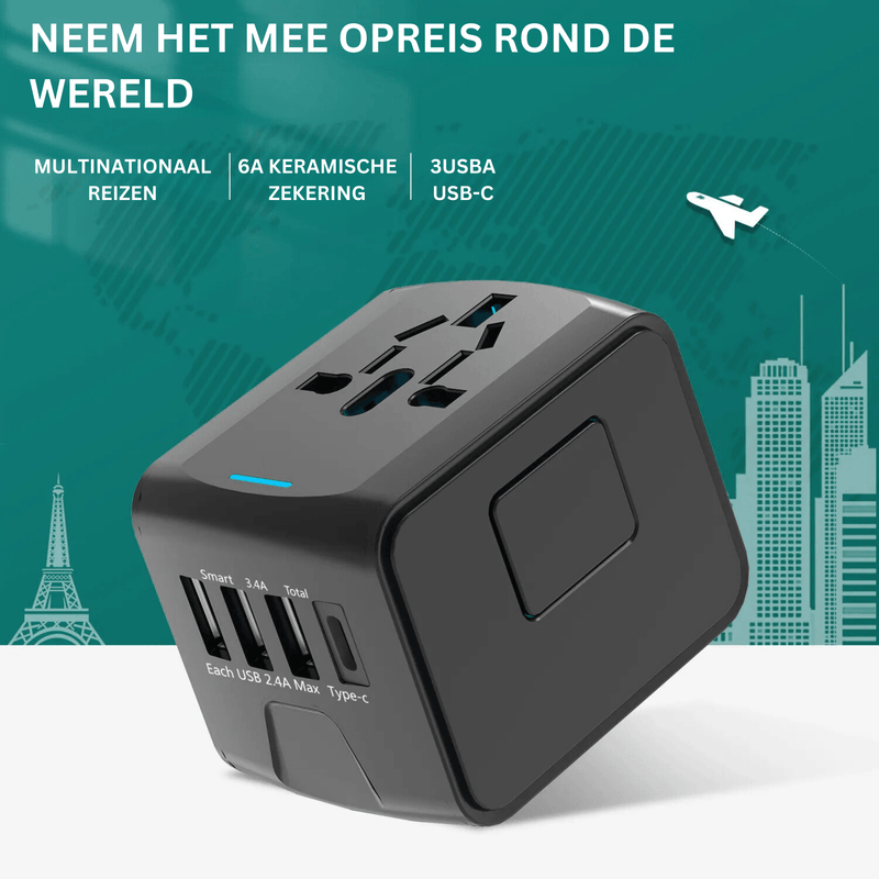 Promotional graphic of a black Universal Plug travel adapter with Dutch text highlighting worldwide travel use, ceramic fuse protection, and multiple USB-A and USB-C charging ports.