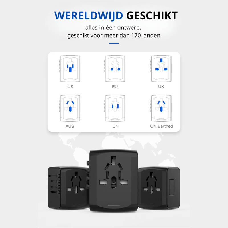 Infographic showing a black Universal Plug adapter for worldwide use, with outlet compatibility icons for US, EU, UK, Australia, China, and grounded China plug types, suitable for more than 170 countries.