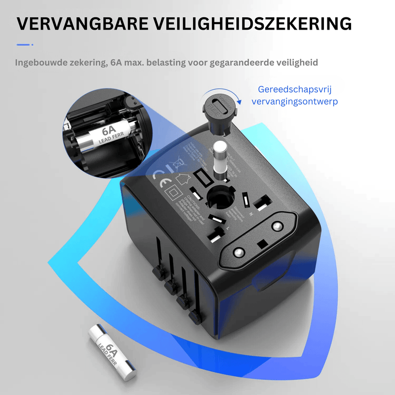 Safety feature graphic of a black Universal Plug travel adapter with a replaceable 6A fuse, showing the fuse compartment open and a close-up of the built-in protection system.
