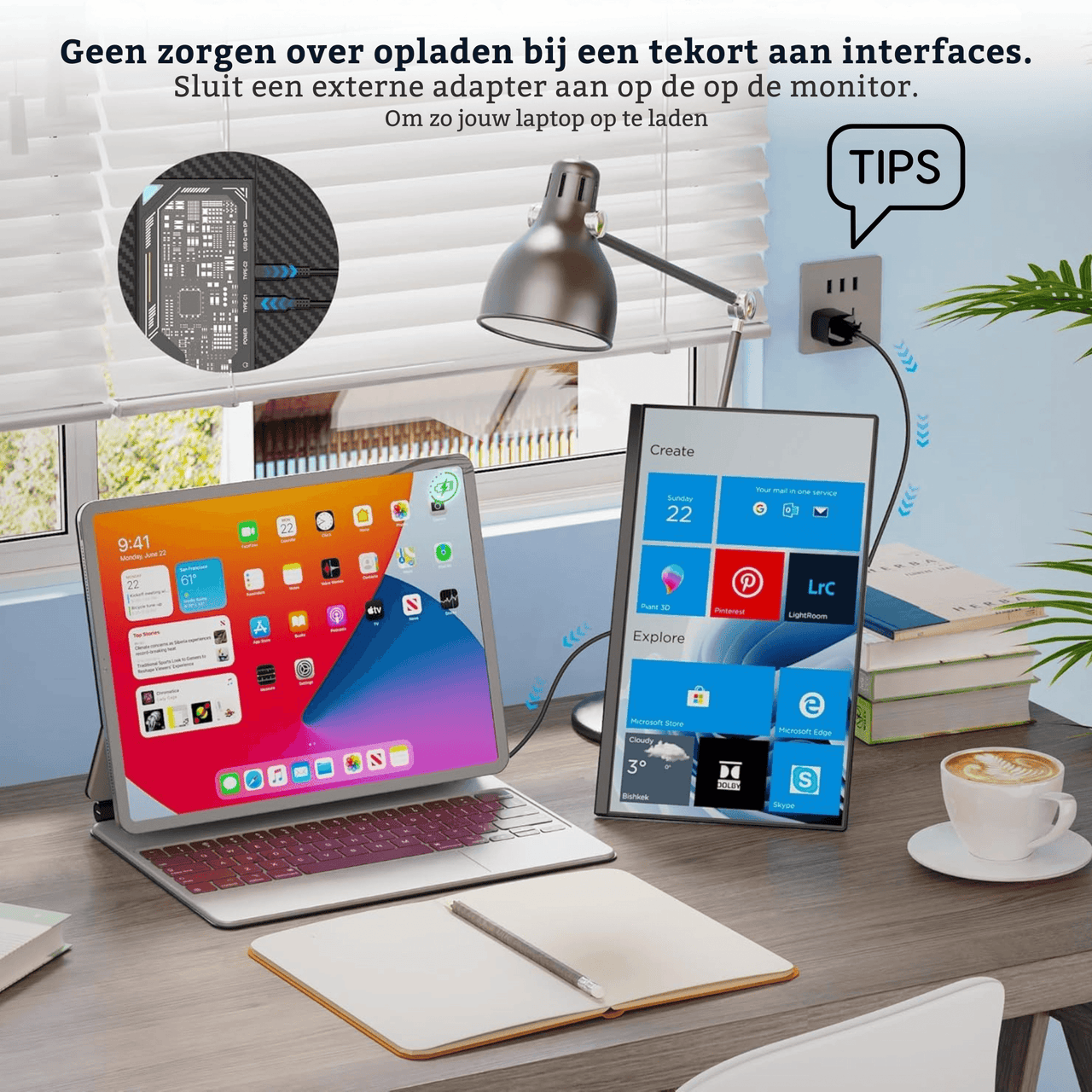 Alpha Pro 15.6 inch dual-screen monitor aangesloten op een laptop op een bureau met accessoires. Laat zien hoe je tegelijkertijd werkt met meerdere schermen. Perfect voor multitasking.