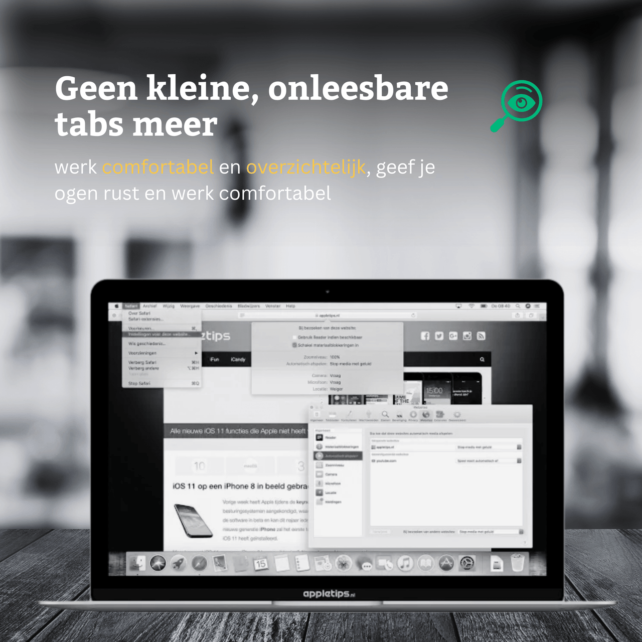 een apple laptop met veel open vensters, om aan te tonen dat de portable monitor gebruiksgemak vergroot door de tabbladen op het extra scherm te projecteren.