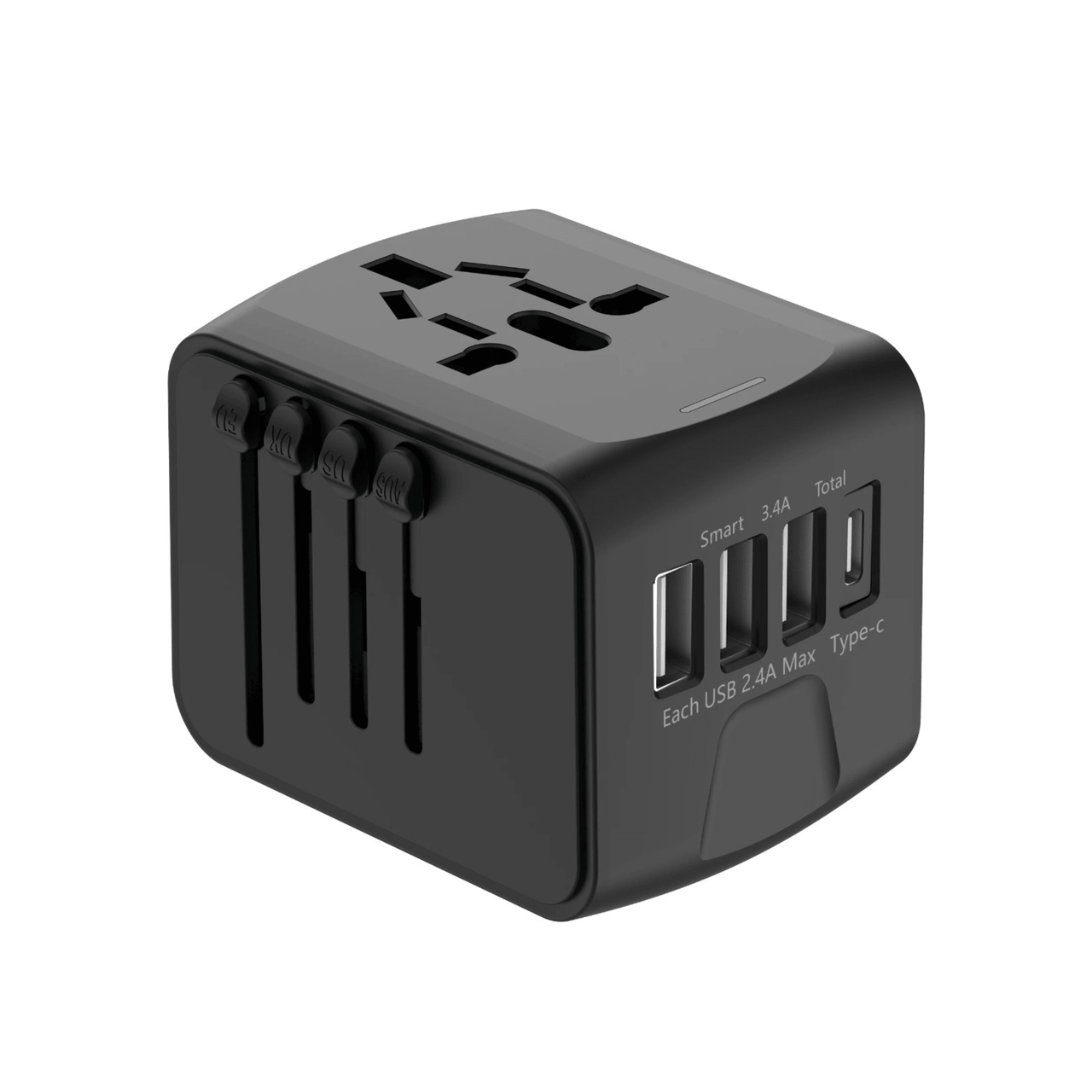 Universele Wereldstekker vooraanzicht met 3 usb ingangen en een usb-c ingang
