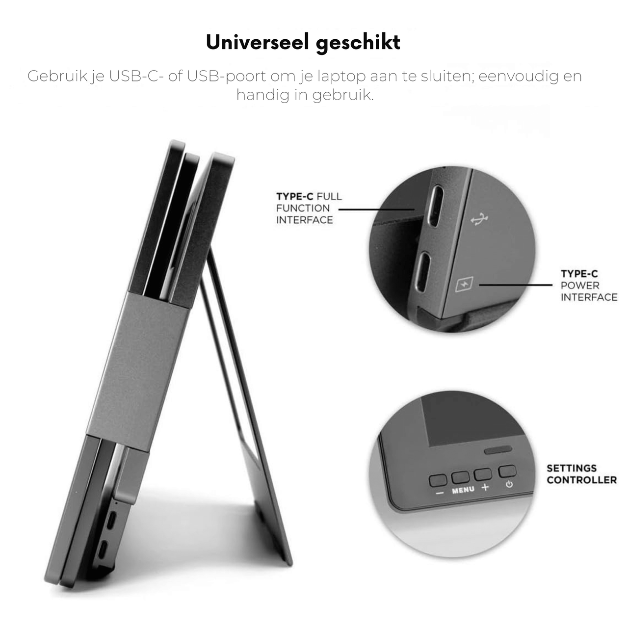 Zijaanzicht van de VisionMate 14 inch draagbare monitor met USB-C aansluitingen, bedieningsknoppen en verstelbare standaard.