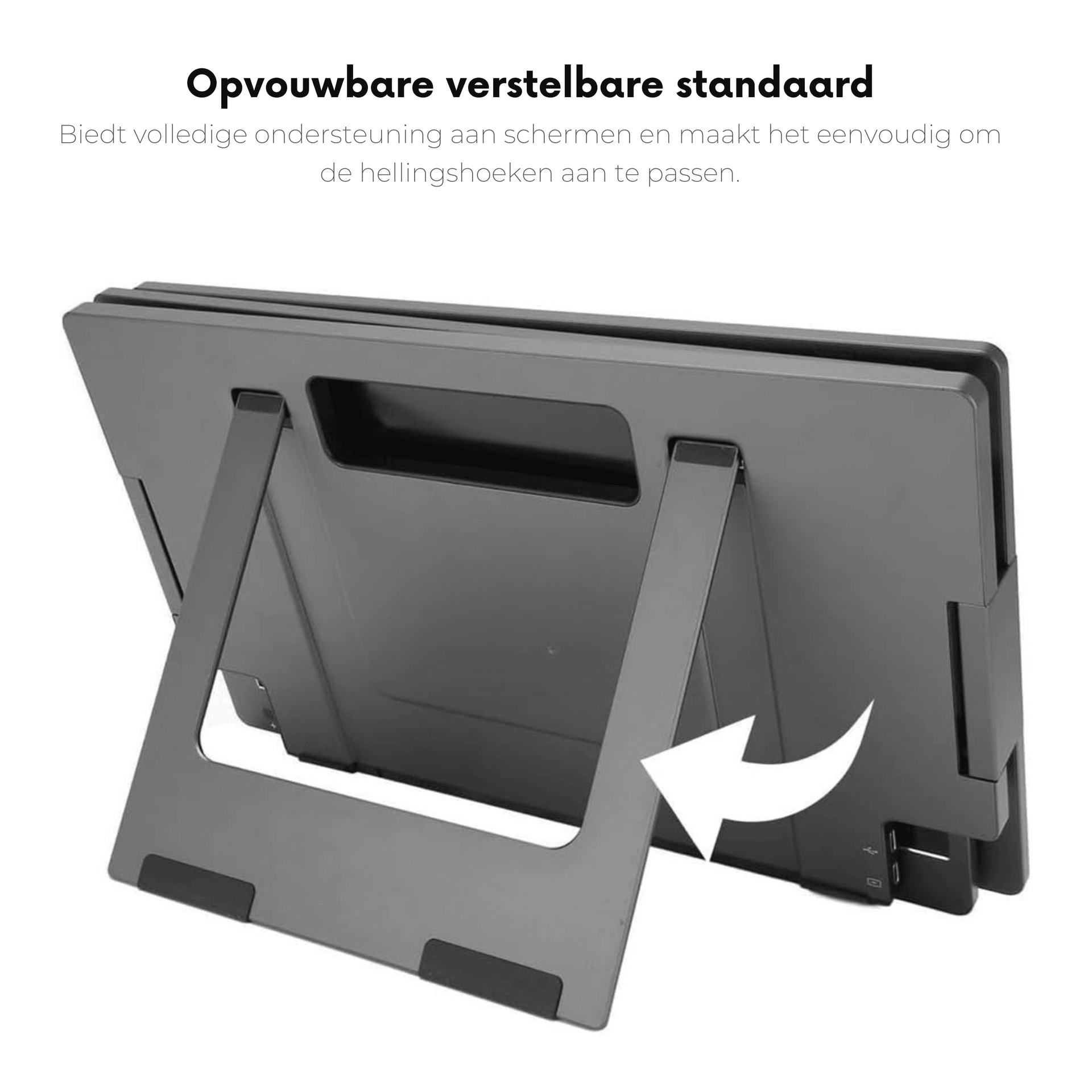 Achteraanzicht van de VisionMate 14 inch draagbare monitor met opvouwbare en verstelbare standaard voor optimale kijkhoeken.